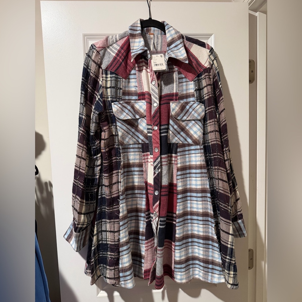 Free People Mixed Plaid Shacket in Burgundy, Navy & Light Blue 🔥 Oversized